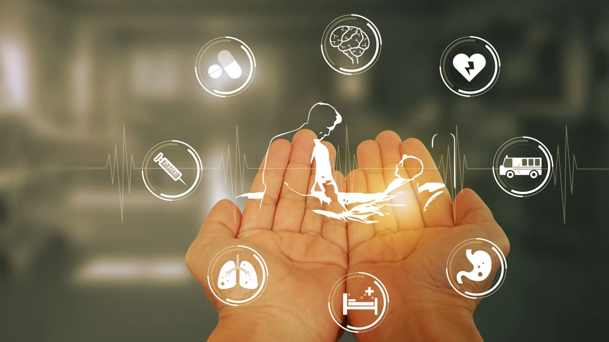 digital medical icons hovering over two open hands