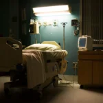 Hospital room with bed, monitors and life monitoring equipment