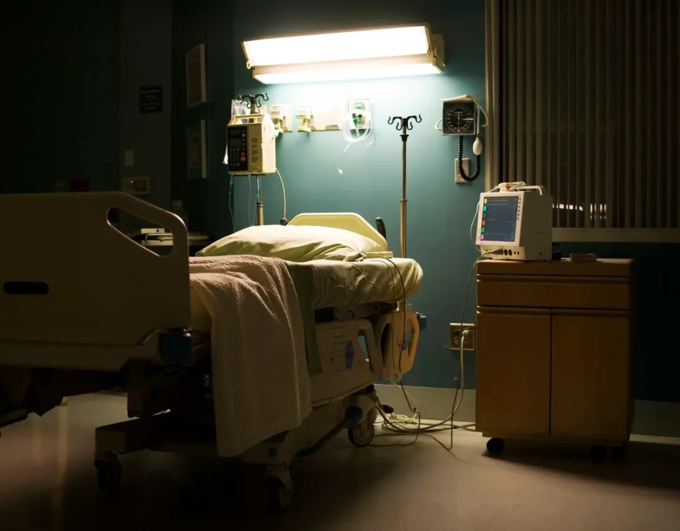 Hospital room with bed, monitors and life monitoring equipment